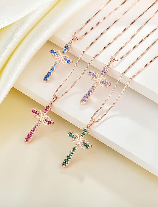 YL 925 Sterling Silver Cross Necklace for Women Halo Infinity Pendant Birthstone Jewelry for Mom