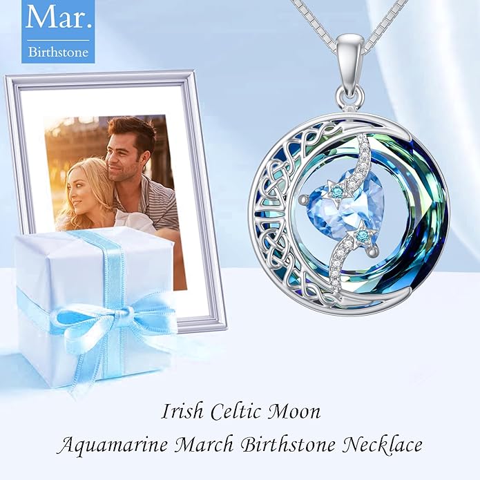 TOUPOP Birthstone Necklace 925 Sterling Silver Moon and Star Pendant with Blue Crystal Celtic Moon Jewelry Birthday Christmas Gifts for Women Mom Wife Her Daughter