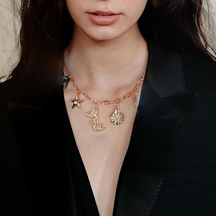 Gold Plated Paperclip Chain Beach Charm Necklace for Women Cute Shell Bow Dainty Beachy Starfish Pearl Seashell Strawberry Fruit Heart Mermaid Summer Jewelry Gift