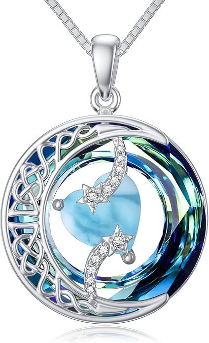 TOUPOP Birthstone Necklace 925 Sterling Silver Moon and Star Pendant with Blue Crystal Celtic Moon Jewelry Birthday Christmas Gifts for Women Mom Wife Her Daughter
