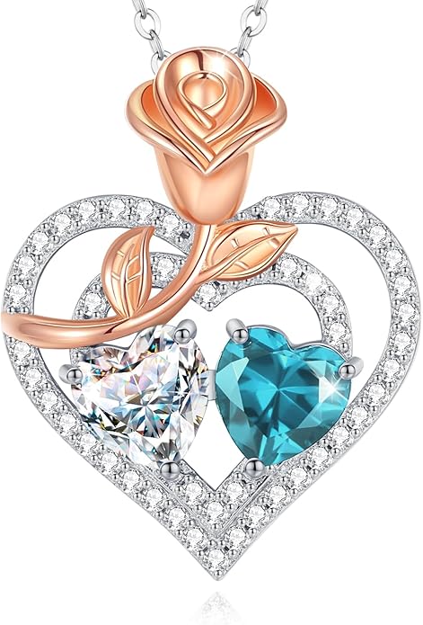 AGVANA Birthstone Necklace for Women Sterling Silver Rose Flower Heart Double Birthstone Jewelry Pendant Necklace Anniversary Birthday Gifts for Women Mom Wife Girlfriend Her