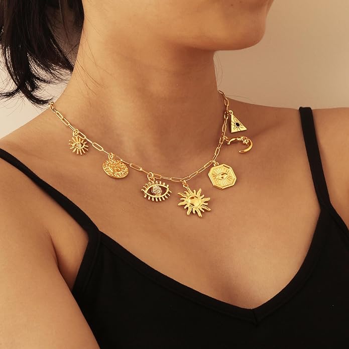 Charm Necklace for Women, 14K Gold Plated Shell Sun Starfish Summer Beach Necklace 16+3" Paperclip Chain Jewelry Gifts