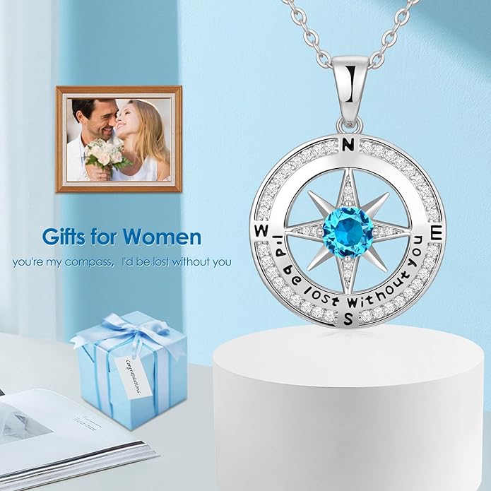 Compass Necklace Gifts for Women wife - S925 Sterling Silver Birthstone Necklaces for Women - Anniversary Birthday Gifts for Her Wife Girlfriend - Valentines Mom Mothers Day Christmas Gifts Jewelry for Women