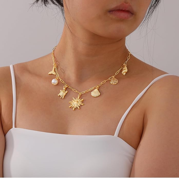 Charm Necklace for Women, 14K Gold Plated Shell Sun Starfish Summer Beach Necklace 16+3" Paperclip Chain Jewelry Gifts