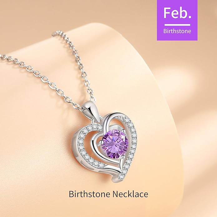 Heart Necklace, I Love You Always & Forever, Birthstone Cubic Zirconia Pendant, Gift for Women