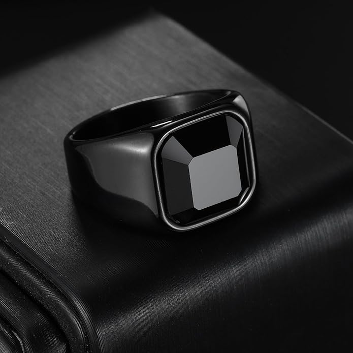 Mens Signet Rings Stainless Steel Pinky Ring for Men Women Silver/Black/Gold Square Cool Finger Ring, Gift for Dad Husband