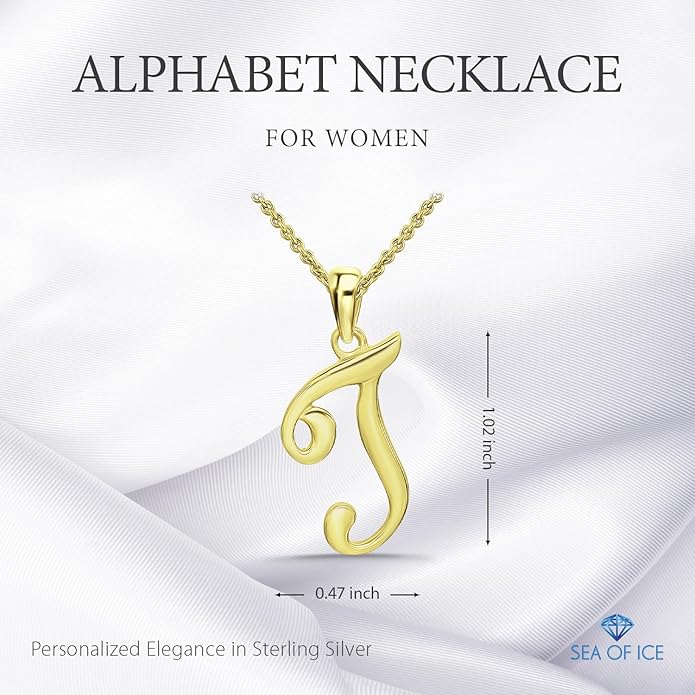 SEA OF ICE Letter Initial Necklace, Alphabet Letter Pendant Necklace, Sterling Silver, Gold, Rose Gold Necklace for Women, Elegant Initial Necklaces, Personalized Custom Women's Necklaces