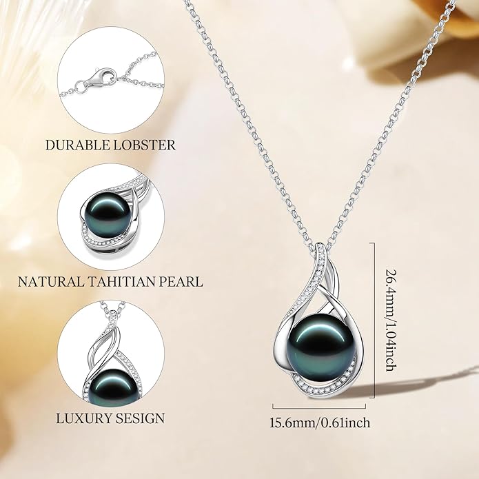 FANCIME Gift for Women Wife Natural Tahitian Pearl Necklace Sterling Silver Mysterious Ocean Treasure 10-12MM Black Pearl Luxury Jewelry Gift for Women, Mother, Wife, 16"+2" Adjustable