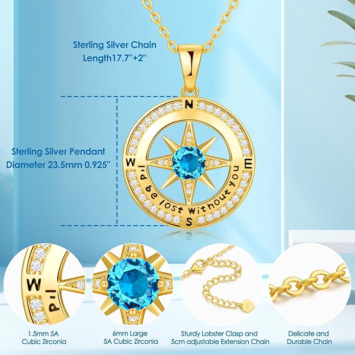 Compass Necklace Gifts for Women wife - S925 Sterling Silver Birthstone Necklaces for Women - Anniversary Birthday Gifts for Her Wife Girlfriend - Valentines Mom Mothers Day Christmas Gifts Jewelry for Women