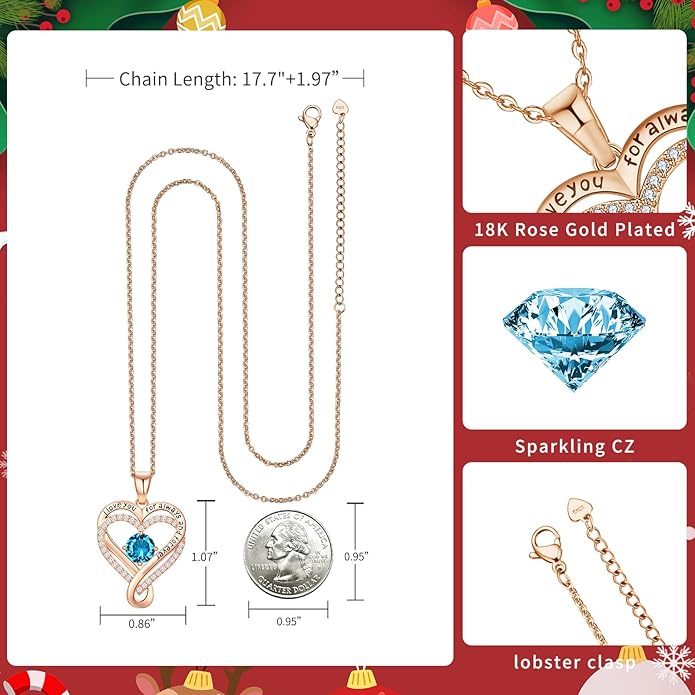 Infinity Heart Birthstone Necklace for Women Wife 18K Rose Gold Plated,Anniversary for Women Wife Her Birthday Gift for Girlfriend Mom Daughters, I Love You Women's Jewelry