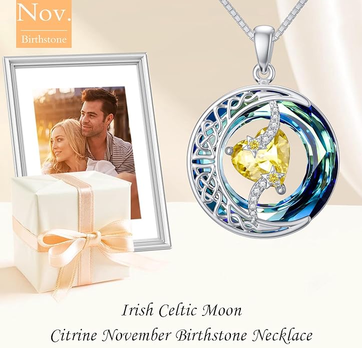 TOUPOP Birthstone Necklace 925 Sterling Silver Moon and Star Pendant with Blue Crystal Celtic Moon Jewelry Birthday Christmas Gifts for Women Mom Wife Her Daughter