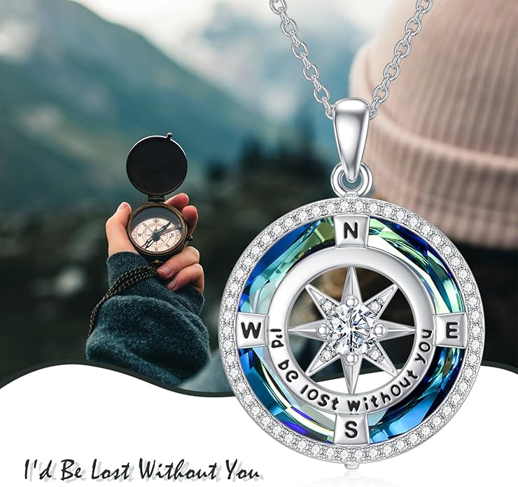 TOUPOP Compass Necklace for Women 925 Sterling Silver I'd be Lost without You Compass Pendant Birthstone Necklaces Anniversary Jewelry Birthday Gift for Girlfriend Wife Graduation Gifts for Her Daugthter