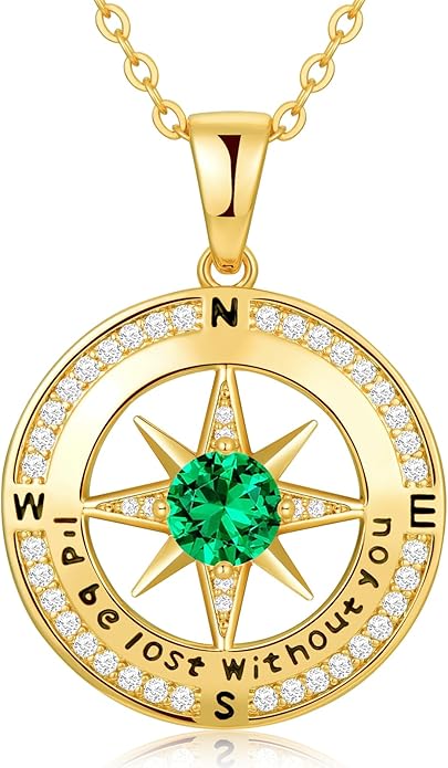 Compass Necklace Gifts for Women wife - S925 Sterling Silver Birthstone Necklaces for Women - Anniversary Birthday Gifts for Her Wife Girlfriend - Valentines Mom Mothers Day Christmas Gifts Jewelry for Women