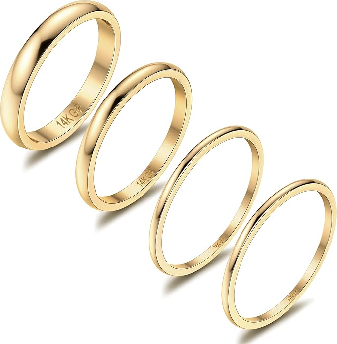 THUNARAZ 14K Gold Filled Rings Stacking Rings for Women Stackable Thin Gold Ring Plain Pinky Thumb Midi Statement Band Ring Comfort Fit 4Pcs 1mm 2mm 3mm 5mm