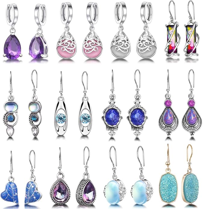 Hefanny 12 Pairs Teardrop Druse Crystal Drop Dangle Earrings for Women Cubic Zirconia Huggie Hoop Earring Jewelry Set Christmas Gifts