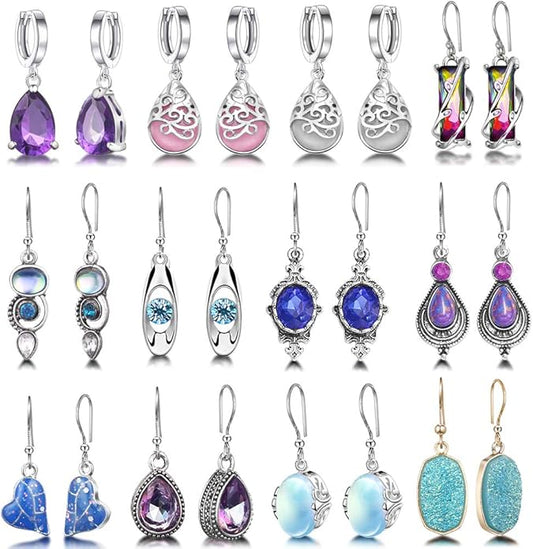 Hefanny 12 Pairs Teardrop Druse Crystal Drop Dangle Earrings for Women Cubic Zirconia Huggie Hoop Earring Jewelry Set Christmas Gifts