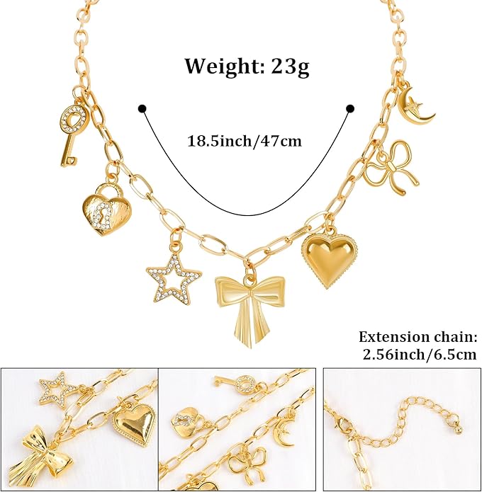 Gold Plated Paperclip Chain Beach Charm Necklace for Women Cute Shell Bow Dainty Beachy Starfish Pearl Seashell Strawberry Fruit Heart Mermaid Summer Jewelry Gift