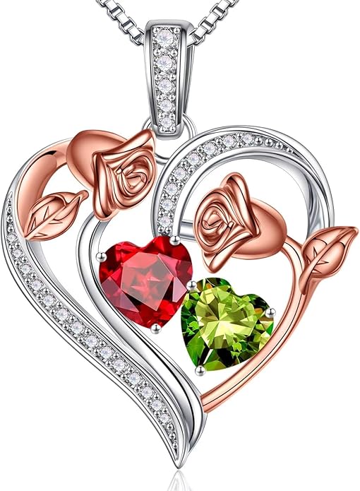Iefil Birthstone Necklace for Women - 925 Sterling Silver Rose Heart Necklace, Birthstone Jewelry, Anniversary Birthday Gifts for Wife Girlfriend Mom Daughter
