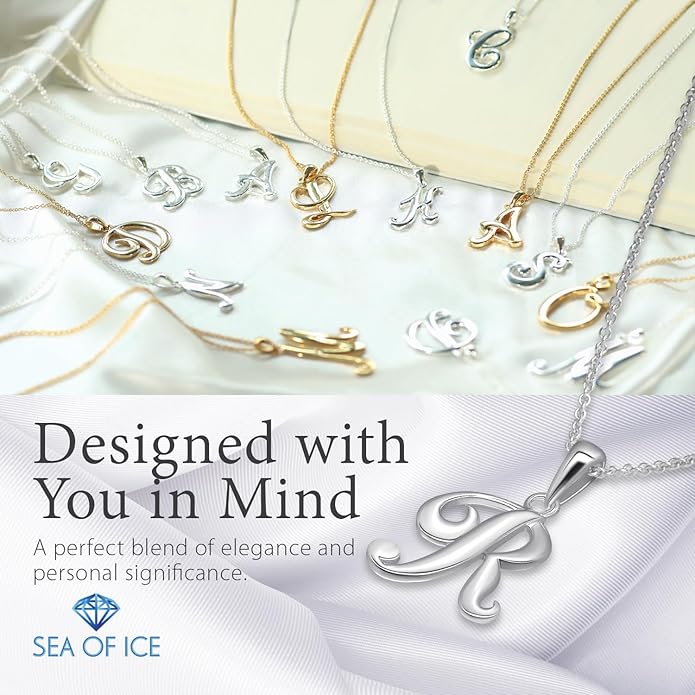 SEA OF ICE Letter Initial Necklace, Alphabet Letter Pendant Necklace, Sterling Silver, Gold, Rose Gold Necklace for Women, Elegant Initial Necklaces, Personalized Custom Women's Necklaces
