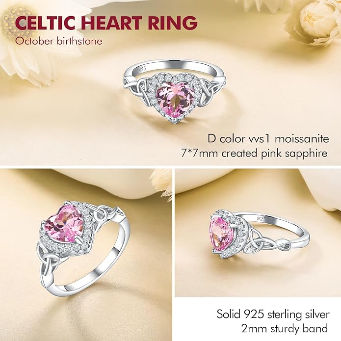 DAYBYDAY Celtic Birthstone Rings for Women 925 Sterling Silver Heart/Round/Pear/Oval Created Gemstone Moissanite Halo Engagement Promise Rings for Her Wife Birthday Anniversary Wedding Jewelry