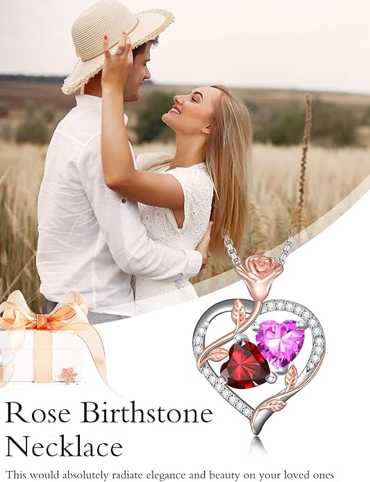 Jewelry for Her Double Heart Rose Birthstone Pendant Necklace Anniversary Jewelry Christmas Birthday Gifts for Women Wife Girlfriend