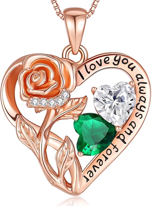 925 Sterling Silver Double Birthstone Rose Flower Heart Jewelry Necklaces for Women Anniversary Love Forever Necklaces for Her Birthday Gifts for Wife Girlfriend Mom Mothers Day Rose Gold