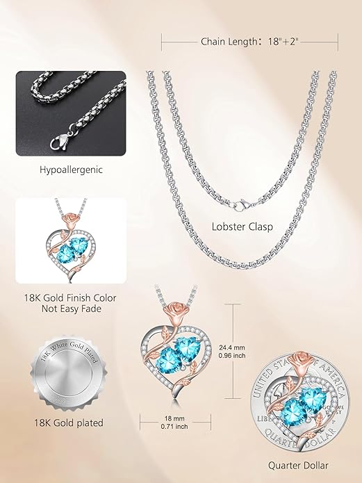 Jewelry for Her Double Heart Rose Birthstone Pendant Necklace Anniversary Jewelry Christmas Birthday Gifts for Women Wife Girlfriend