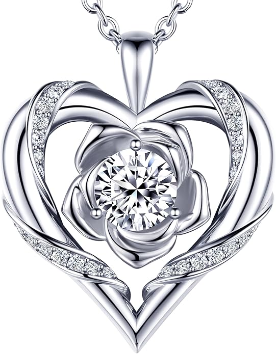Beam & Bask Rose Flower Heart Moissanite Necklaces for Wife, S925 Silver Pendant for Women, 18K Gold Plated Jewelry for Her Girlfriend Mom for Anniversary Birthday