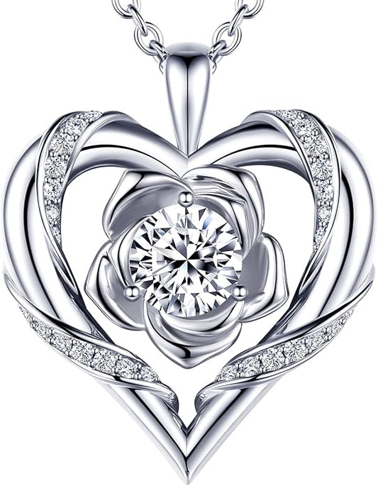Beam & Bask Rose Flower Heart Moissanite Necklaces for Wife, S925 Silver Pendant for Women, 18K Gold Plated Jewelry for Her Girlfriend Mom for Anniversary Birthday