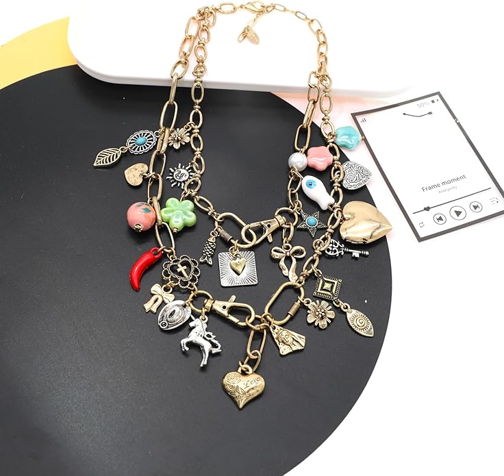 Chunky Retro Heart Necklace for Women Antique Layer Beach Ocean Moon Stars Western Boho Charm Necklaces Retro Link Chain Jewelry