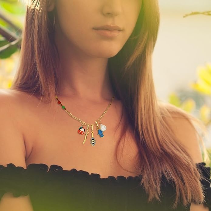 Charm Necklace for Women Gold Evil Eye Sun Moon Flower Coin Pendant Necklace Dainty Paperclip Chain Vintage Luck Amulet Choker Necklaces Celestial Jewelry Gift