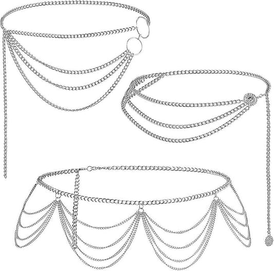 Hicarer 3 Pcs Silver Gold Waist Chain for Body Multi Layer Metal Chain Belts for Women Girls Summer Beach Jewelry Adjustable