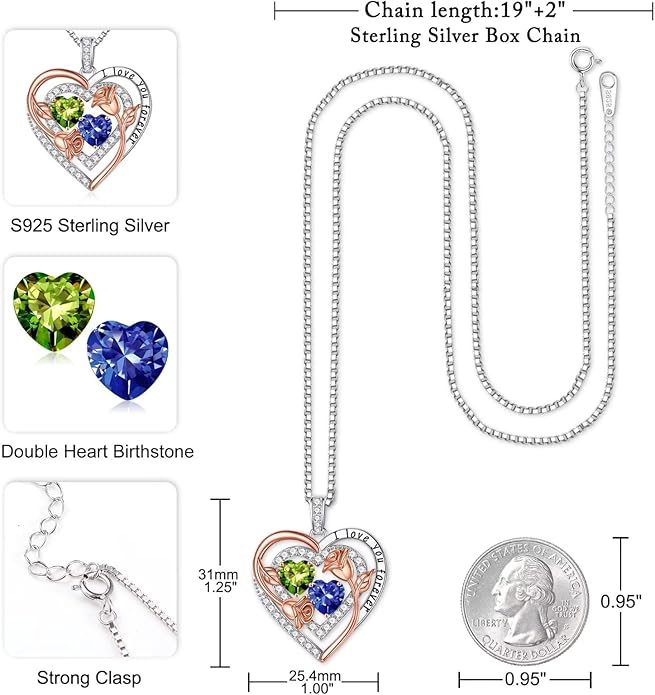 Iefil Birthstone Necklace for Women - Sterling Silver Birthstone Necklace Anniversary Birthday Gifts for Her Wife Mom Daughter