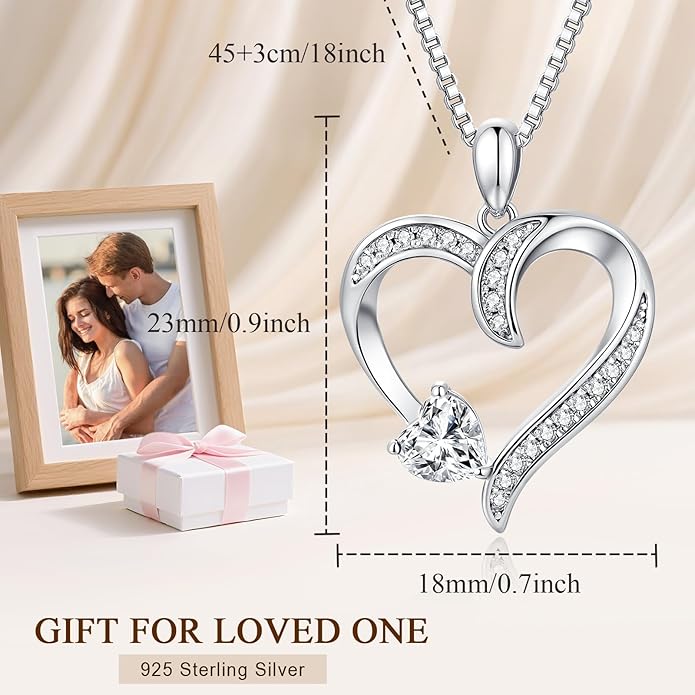 Love Heart Necklace for Women, 925 Sterling Silver Cubic Zirconia Diamond Heart Pendant Jewelry Gift for Mom, Mother, Wife, Girlfriend on Wedding, Birthday, Mother's Day, Chain 18 inch
