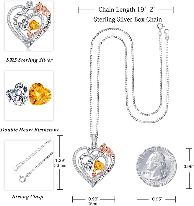 Iefil Rose Heart Necklace Gifts for Wife Women - 925 Sterling Silver Double Birthstone Necklace, Anniversary Birthday Gifts for Women, Jewelry Gift for Wife Girlfriend Mom Her