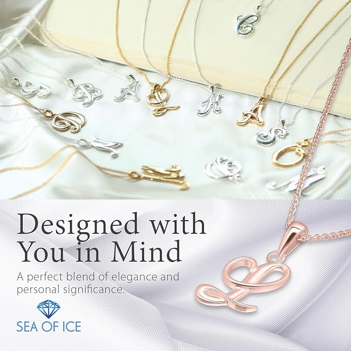 SEA OF ICE Letter Initial Necklace, Alphabet Letter Pendant Necklace, Sterling Silver, Gold, Rose Gold Necklace for Women, Elegant Initial Necklaces, Personalized Custom Women's Necklaces