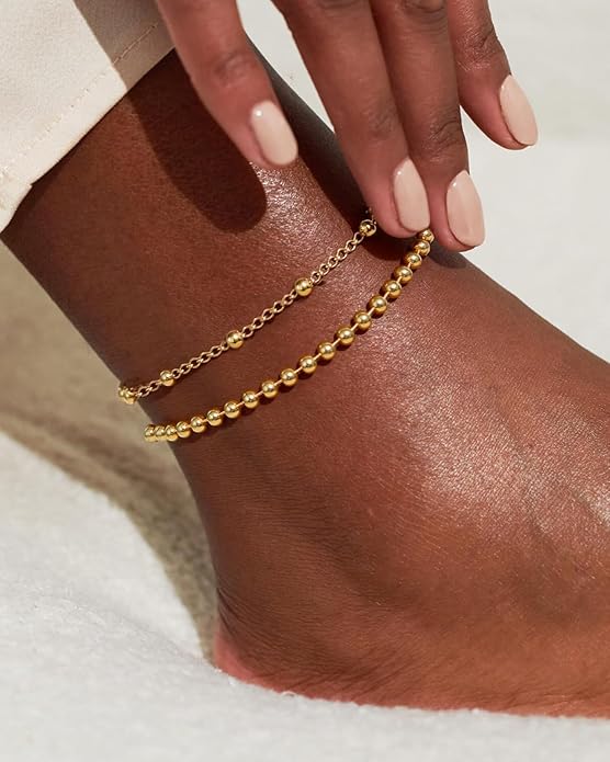 2/3 PCS Gold Anklets for Women Waterproof Boho Starfish, Seashell, Heart & Butterfly Charms Ankle Bracelets Non Tarnish Adjustable Layered Cuban Beaded Foot Chain Beach Jewelry for Summer Vacations