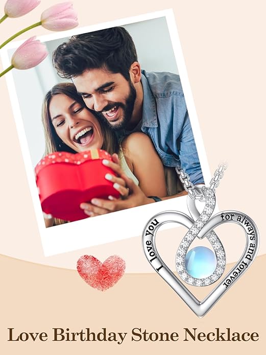 I Love You For Always and Forever Birthstone Necklace Infinity Love Heart Pendant Jewelry Christmas Valentine Mothers Day Birthday Gifts for Women Her Wife Girlfriend