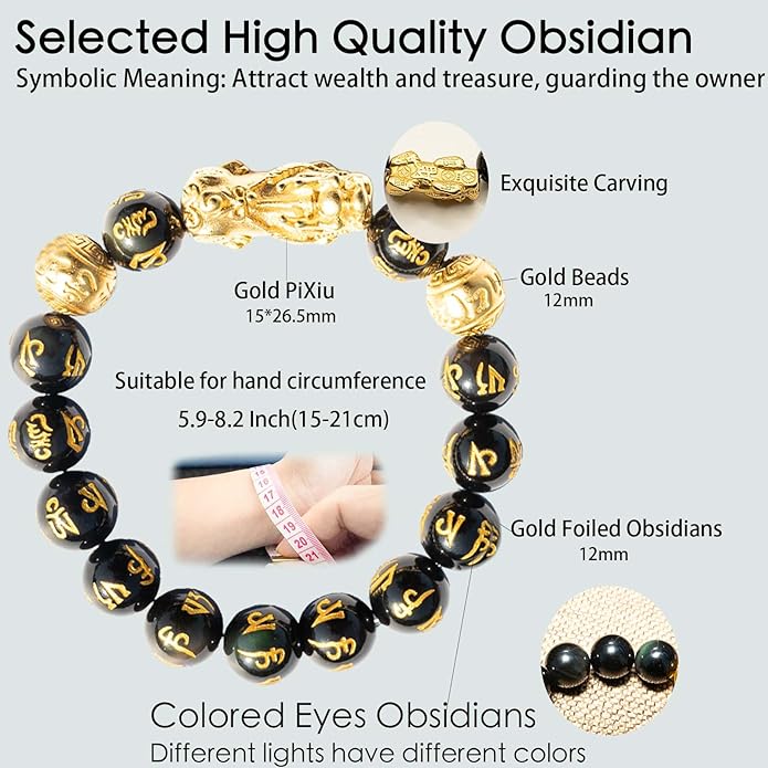 Feng Shui Bracelet 24K Gold Plated PiXiu, Colored Eyes Obsidian Dragon Protection Bracelet Meditation Decompression Prayer Beads Lucky Wealth Bracelets for Men Women(12mm)