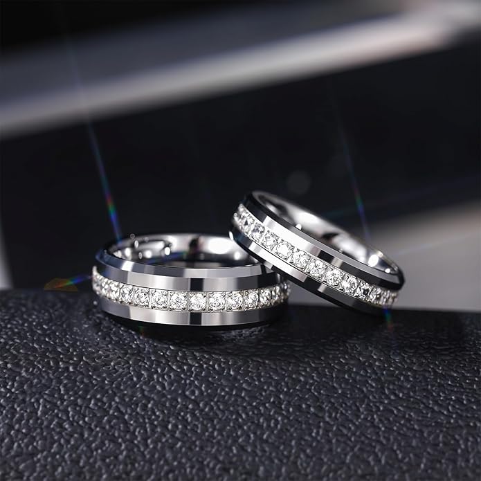 Greenpod 6mm 8mm Tungsten Carbide Rings for Men Silver/Gold Cubic Zirconia Eternity Wedding Band Women High Polish Comfort Fit Size 6-13