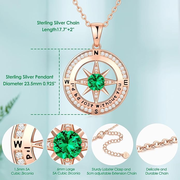 Compass Necklace Gifts for Women wife - S925 Sterling Silver Birthstone Necklaces for Women - Anniversary Birthday Gifts for Her Wife Girlfriend - Valentines Mom Mothers Day Christmas Gifts Jewelry for Women