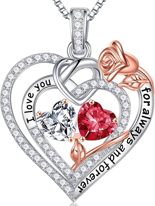 Iefil Rose Heart Necklace Gifts for Wife Women - 925 Sterling Silver Double Birthstone Necklace, Anniversary Birthday Gifts for Women, Jewelry Gift for Wife Girlfriend Mom Her