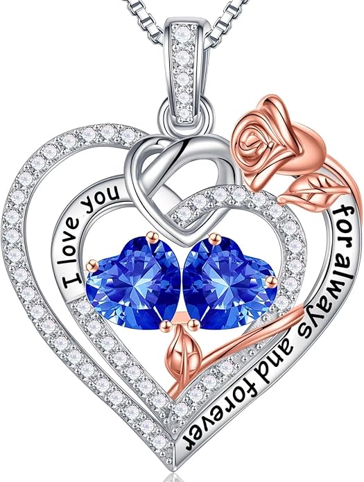 Iefil Rose Heart Necklace Gifts for Wife Women - 925 Sterling Silver Double Birthstone Necklace, Anniversary Birthday Gifts for Women, Jewelry Gift for Wife Girlfriend Mom Her