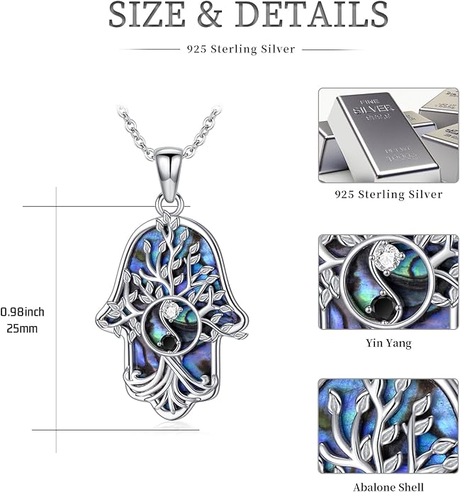 Hamsa Necklace 925 Sterling Silver Evil Eye/Lotus Flower/Star of David/Chai/Yin Yang Hamsa Hand Pendant Jewelry Hand of Fatima Gifts for Women