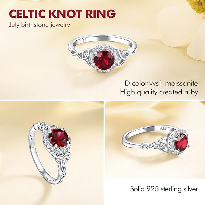DAYBYDAY Celtic Birthstone Rings for Women 925 Sterling Silver Heart/Round/Pear/Oval Created Gemstone Moissanite Halo Engagement Promise Rings for Her Wife Birthday Anniversary Wedding Jewelry