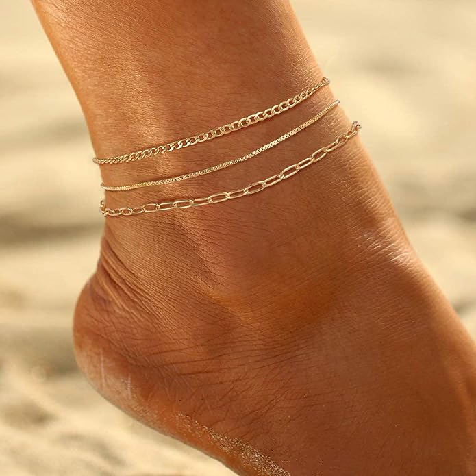 Ritach Ankle Bracelets for Women - Stainless Steel Silver/Gold Anklets for Women Waterproof Layered Cuban Link Figaro Chain Heart Anklets Set Summer Beach Jewelry Gifts