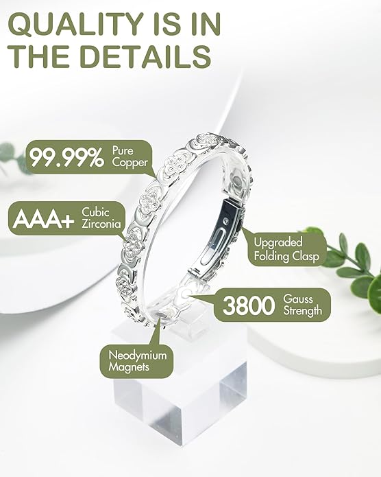 Feraco Pure Copper Bracelets for Women, Ultra Strength Magnetic Therapy Bracelet for Pain Relief with 3800 Gauss Magnets & Sparkling Cubic Zirconia, Adjustable, Infinite Clover Jewelry