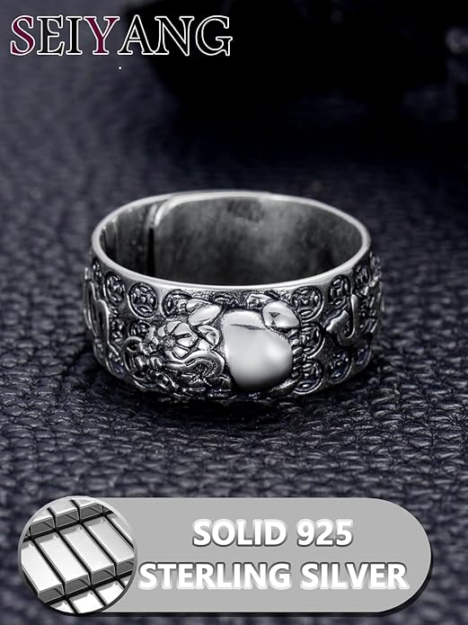 Seiyang Feng Shui Ring 925 Stering Silver Pixiu Mantra Ring Protection Wealth Adjustable Rings Gift for Men Women (with Gift Box)