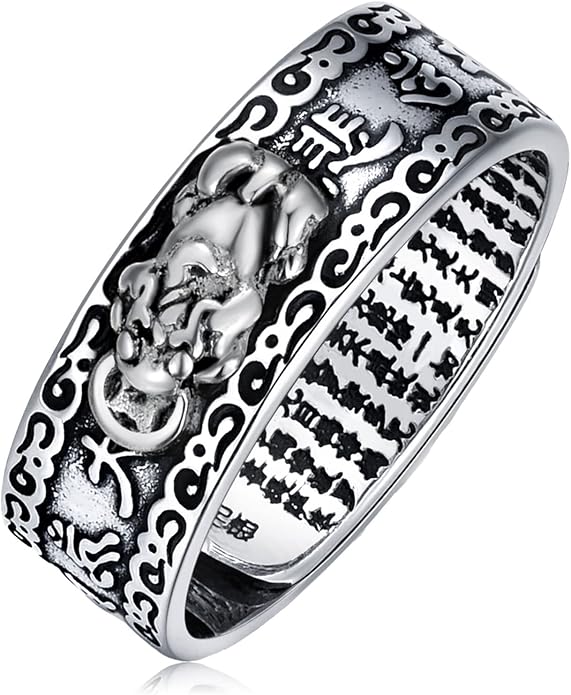 Seiyang Feng Shui Ring 925 Stering Silver Pixiu Mantra Ring Protection Wealth Adjustable Rings Gift for Men Women (with Gift Box)
