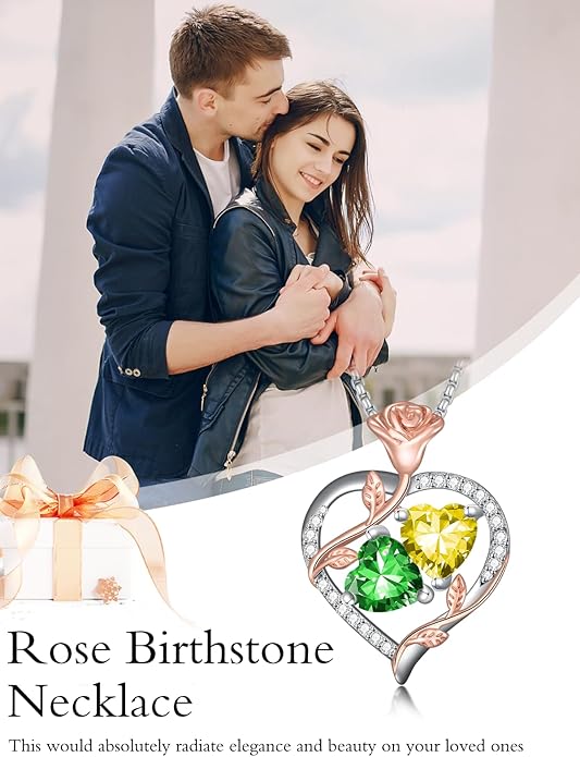Jewelry for Her Double Heart Rose Birthstone Pendant Necklace Anniversary Jewelry Christmas Birthday Gifts for Women Wife Girlfriend